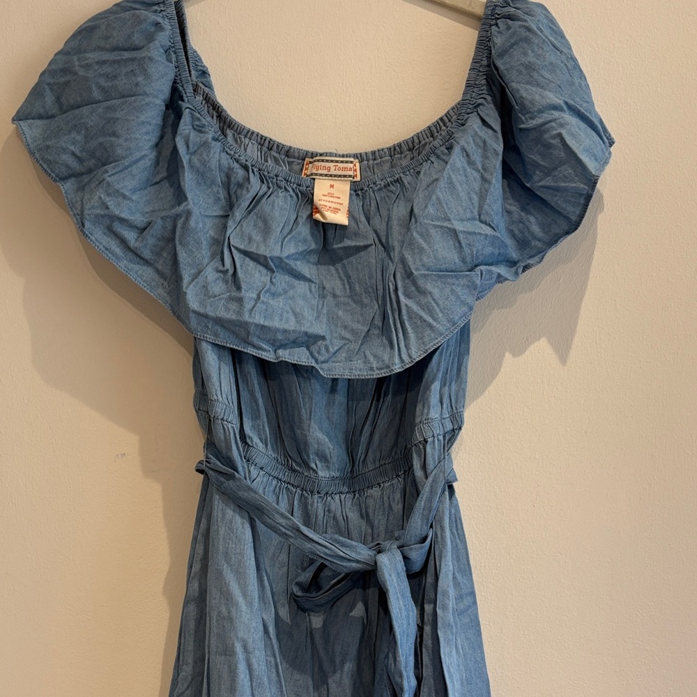 Flying Tomato Light Blue Asymmetrical Off-Shoulder Dress